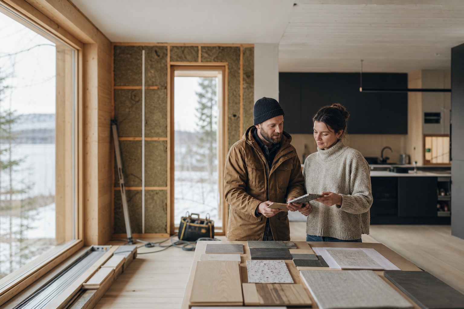 Homeowner and craftsperson reviewing material samples in a northern-climate renovation